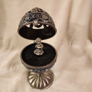 Silver and Blue Decorative Egg with Angel Figurine
